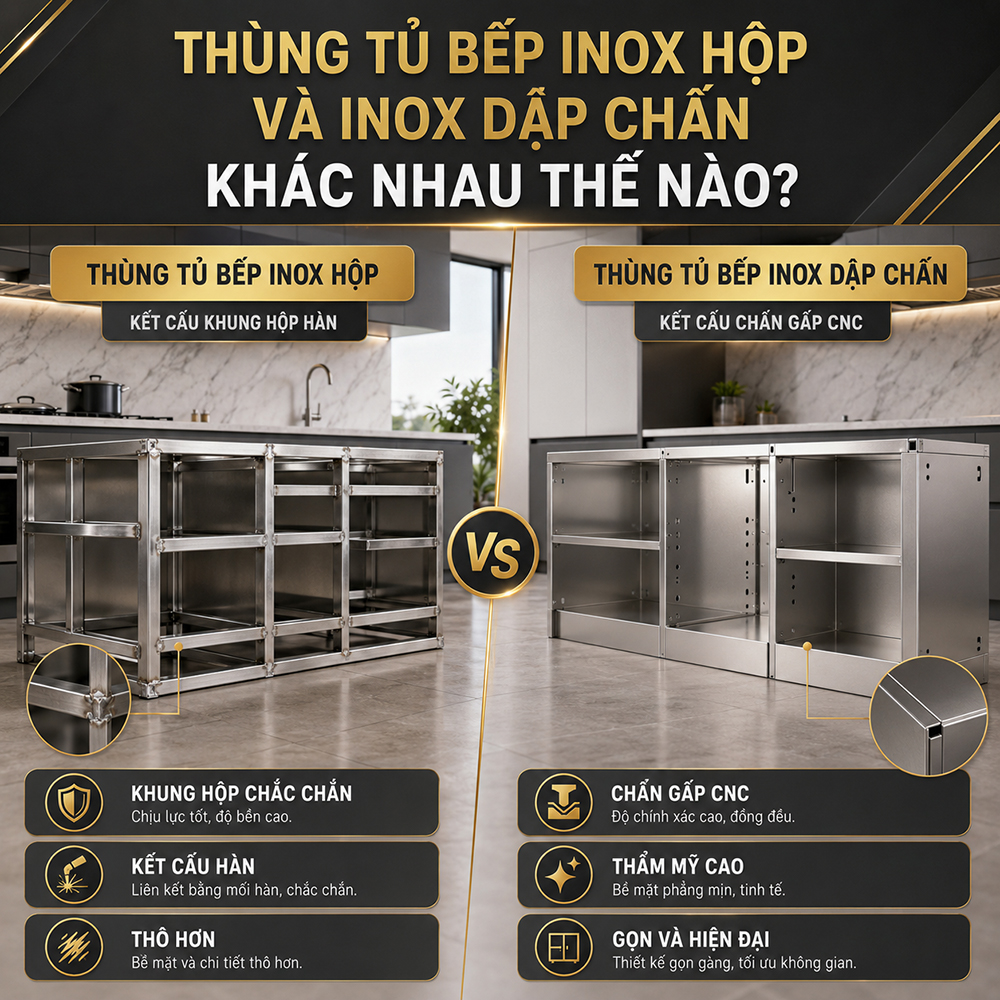 Thùng Tủ Bếp Inox Hộp Và Inox Dập Chấn Khác Nhau?