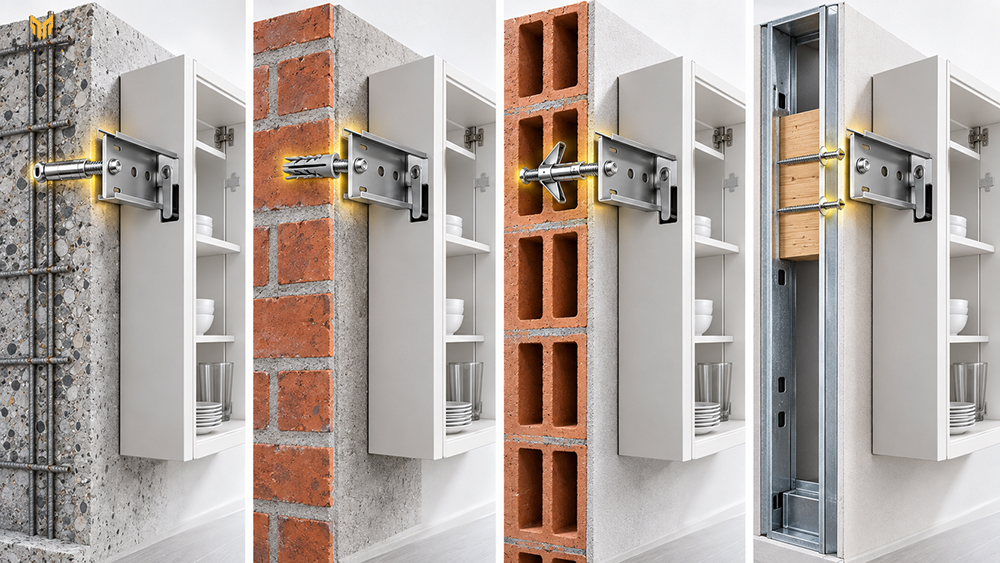 So sánh nền bê tông, gạch đặc, gạch rỗng và thạch cao khi lắp tủ bếp treo