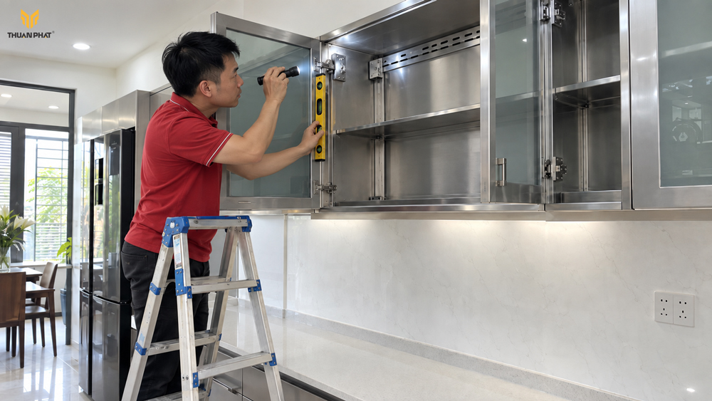Kỹ thuật viên kiểm tra bas, ray và và độ cân bằng của tủ bếp inox