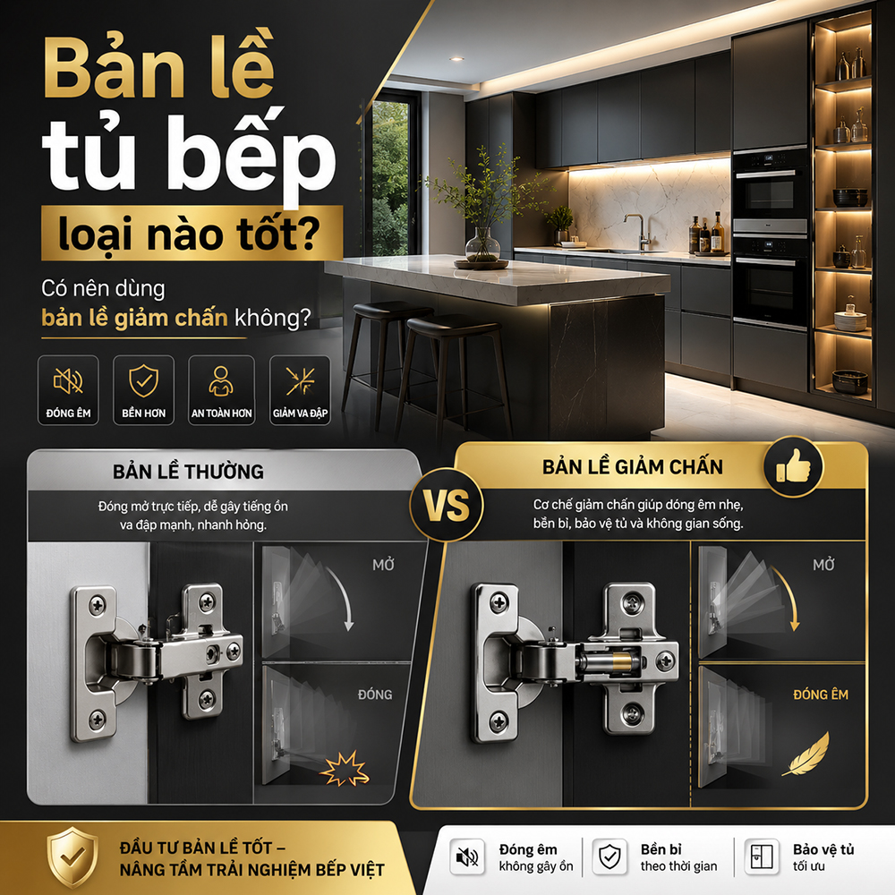 Bản lề tủ bếp loại nào tốt? Có nên dùng bản lề giảm chấn không?