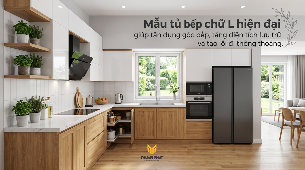 Mẫu tủ bếp chữ L đẹp hiện đại tối ưu không gian