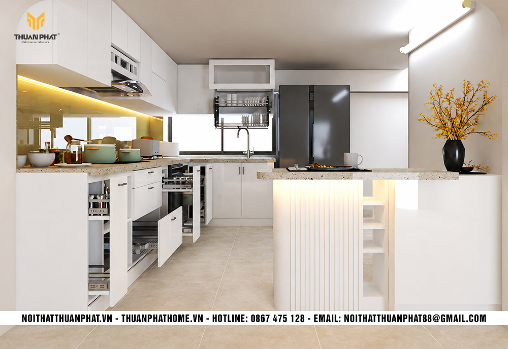 Mẫu bếp chữ L đẹp hiện đại với tủ trên và tủ dưới đồng bộ