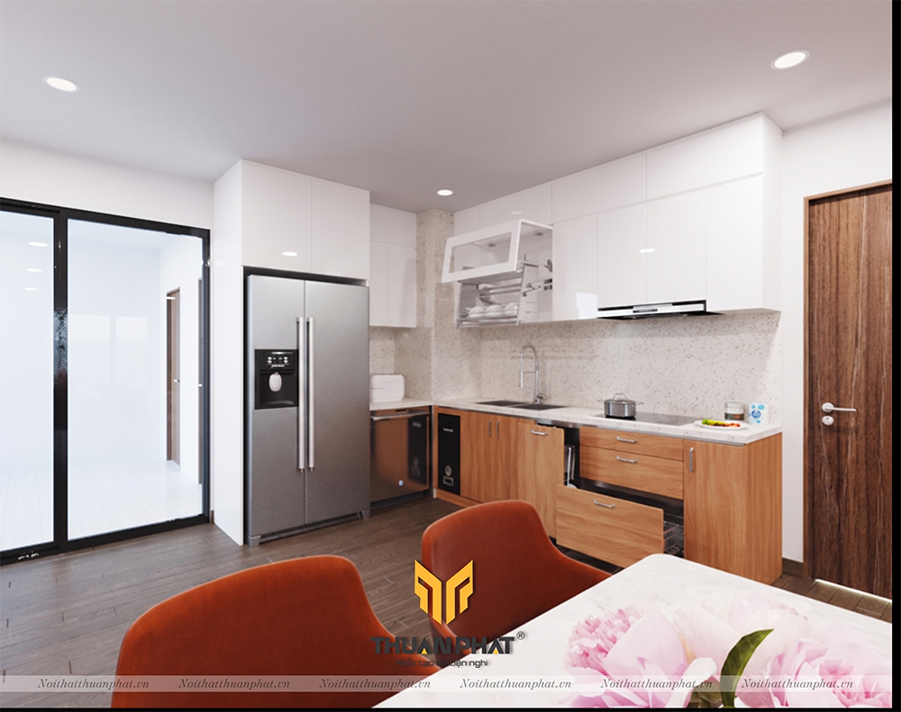 Tủ bếp chữ L nhỏ đẹp kết hợp phòng khách
