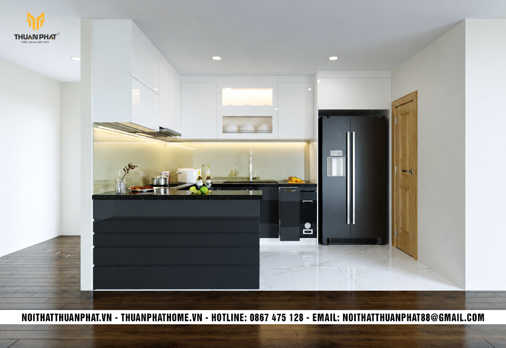 Mẫu tủ bếp chữ L có quầy bar hiện đại