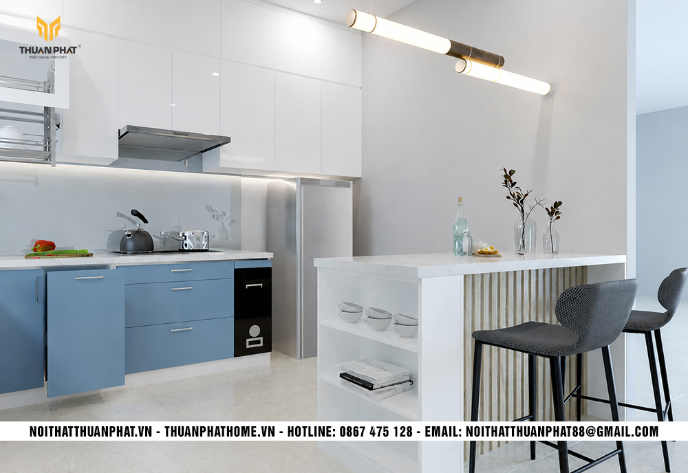 Thiết kế bếp chữ L có quầy bar tiện nghi