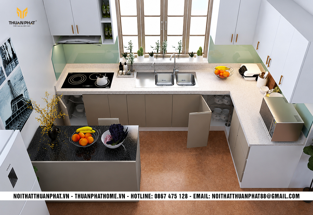 Mẫu bếp chữ L đẹp có quầy bar nhỏ gọn