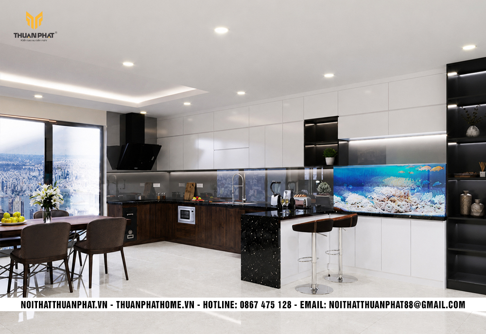 Tủ bếp chữ L có quầy bar kết hợp lưu trữ
