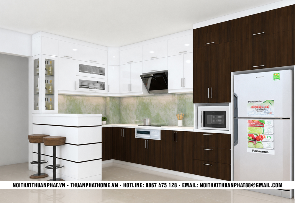 Mẫu tủ bếp chữ L đẹp có quầy bar sang trọng