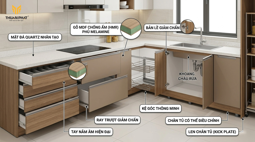 Mẫu tủ bếp dưới gỗ công nghiệp MDF chống ẩm hiện đại
