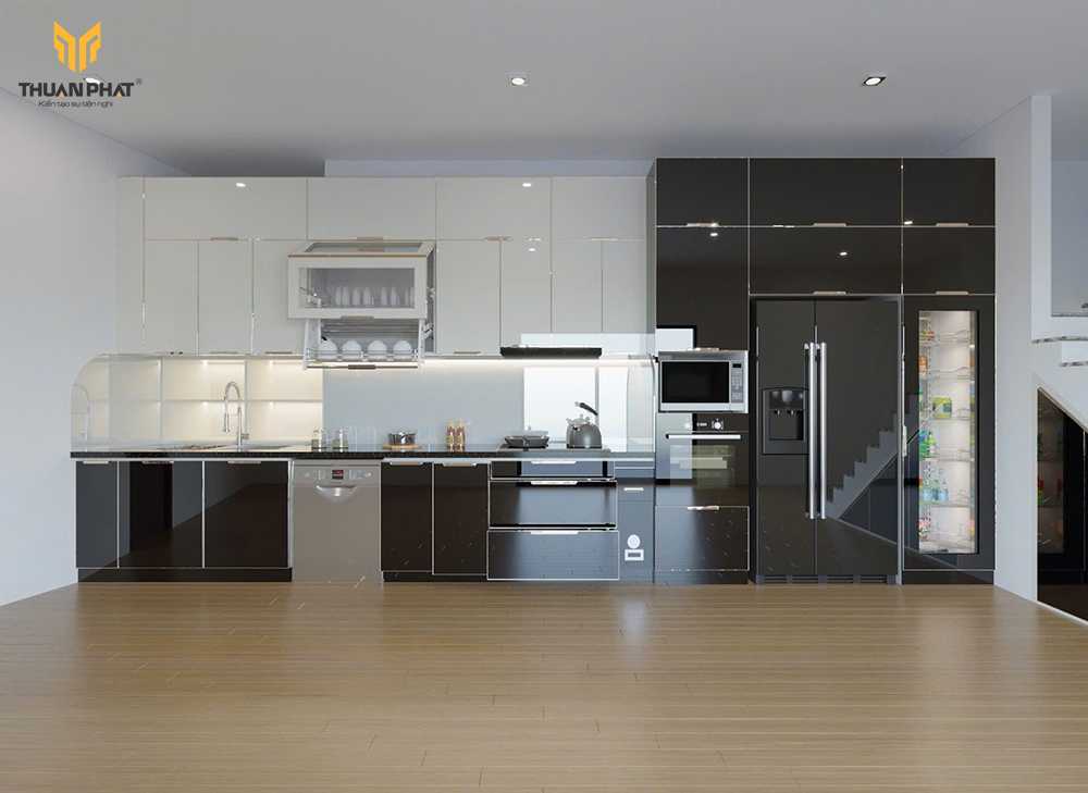 Mẫu 1 tủ bếp inox cánh Acrylic phối trắng đen bóng hiện đại sang trọng