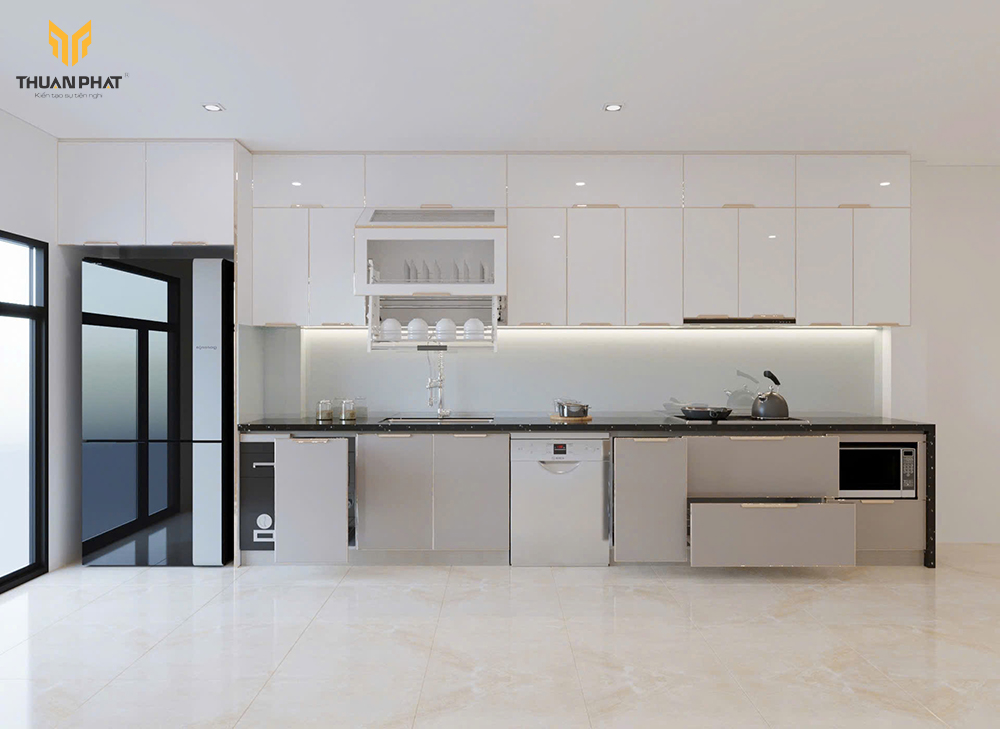 Mẫu 2 tủ bếp inox cánh trắng Acrylic tay nắm vàng đồng tối giản