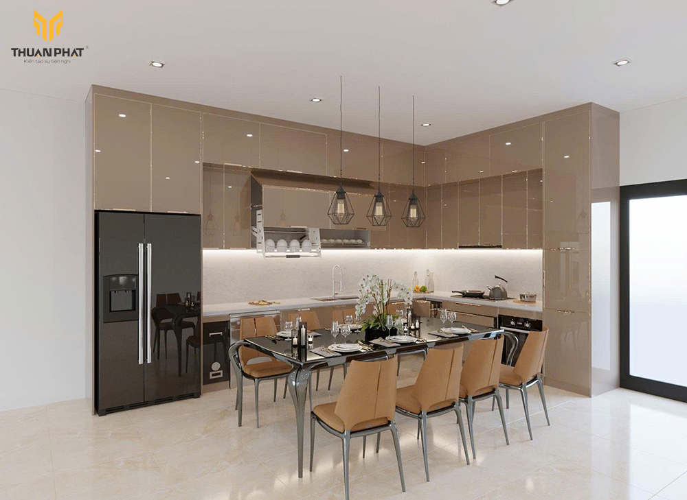 Mẫu 4 tủ bếp inox cánh nâu cà phê chữ L kết hợp bàn ăn bếp mở