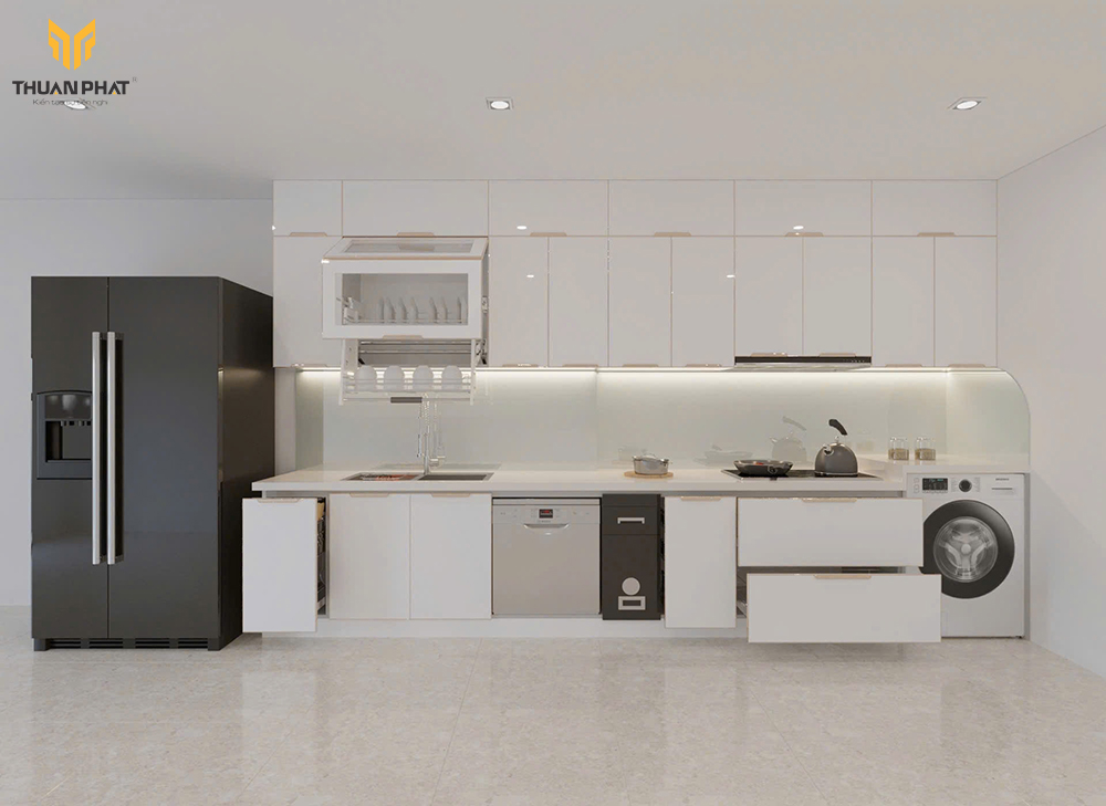 Mẫu 7 tủ bếp inox cánh trắng tích hợp máy giặt đa năng cho chung cư