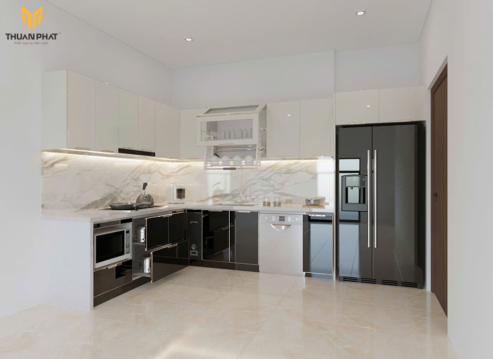 Mẫu 8 tủ bếp inox cánh trắng trên đen dưới kính ốp vân đá marble