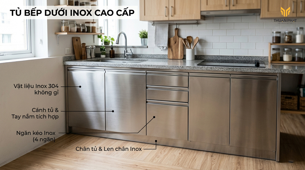 Mẫu tủ bếp dưới inox 304 chống ẩm bền đẹp
