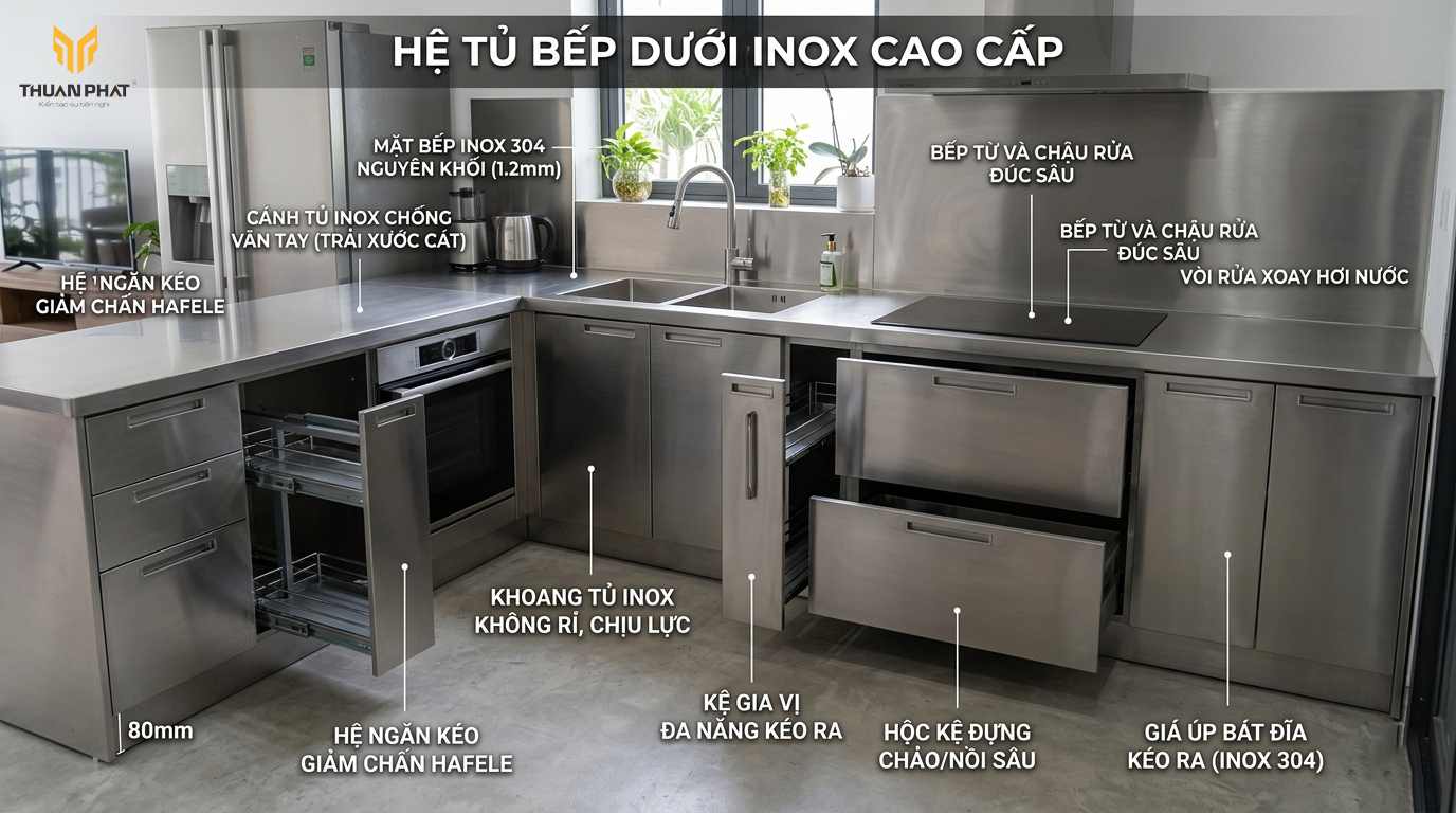 Tủ bếp dưới inox kết hợp cánh hiện đại dễ vệ sinh