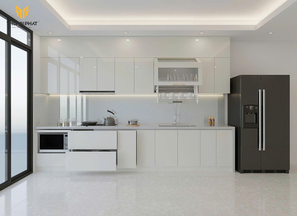 Mẫu 6 tủ bếp nhựa cánh trắng kem tối giản hiện đại