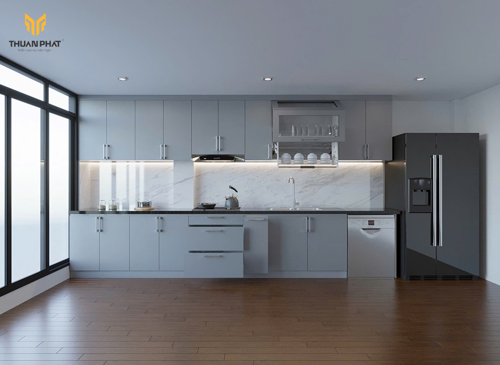 Mẫu 8 tủ bếp nhựa cánh xám kính ốp vân đá marble có máy rửa bát