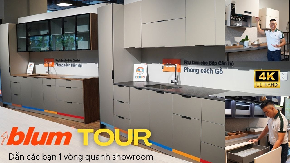 Phụ kiện tủ bếp Blum nổi bật với bản lề, ray trượt, tay nâng và hệ ngăn kéo
