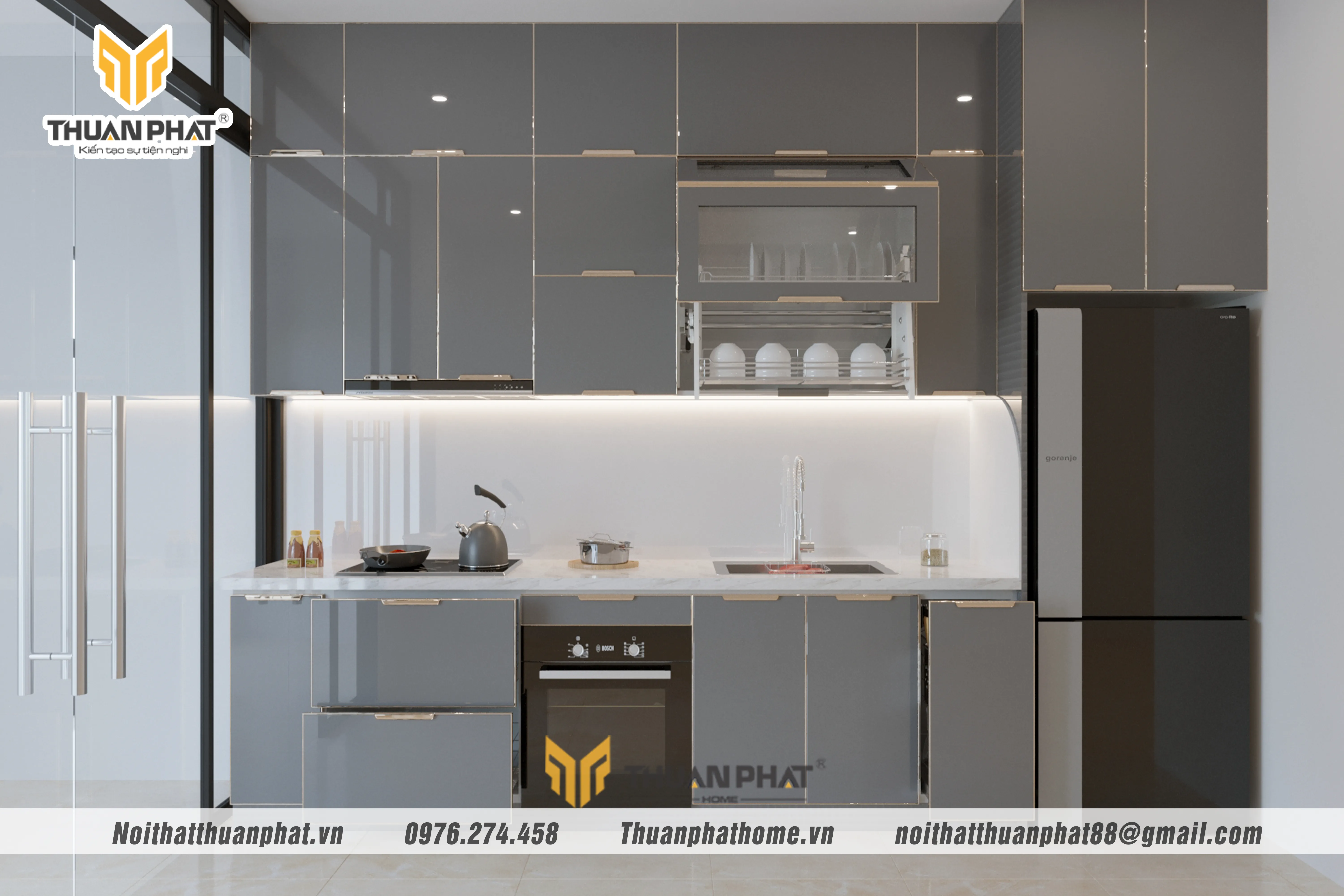 Cận cảnh Bộ Tủ Bếp Inox Cánh Kính nhà Chú Hạnh