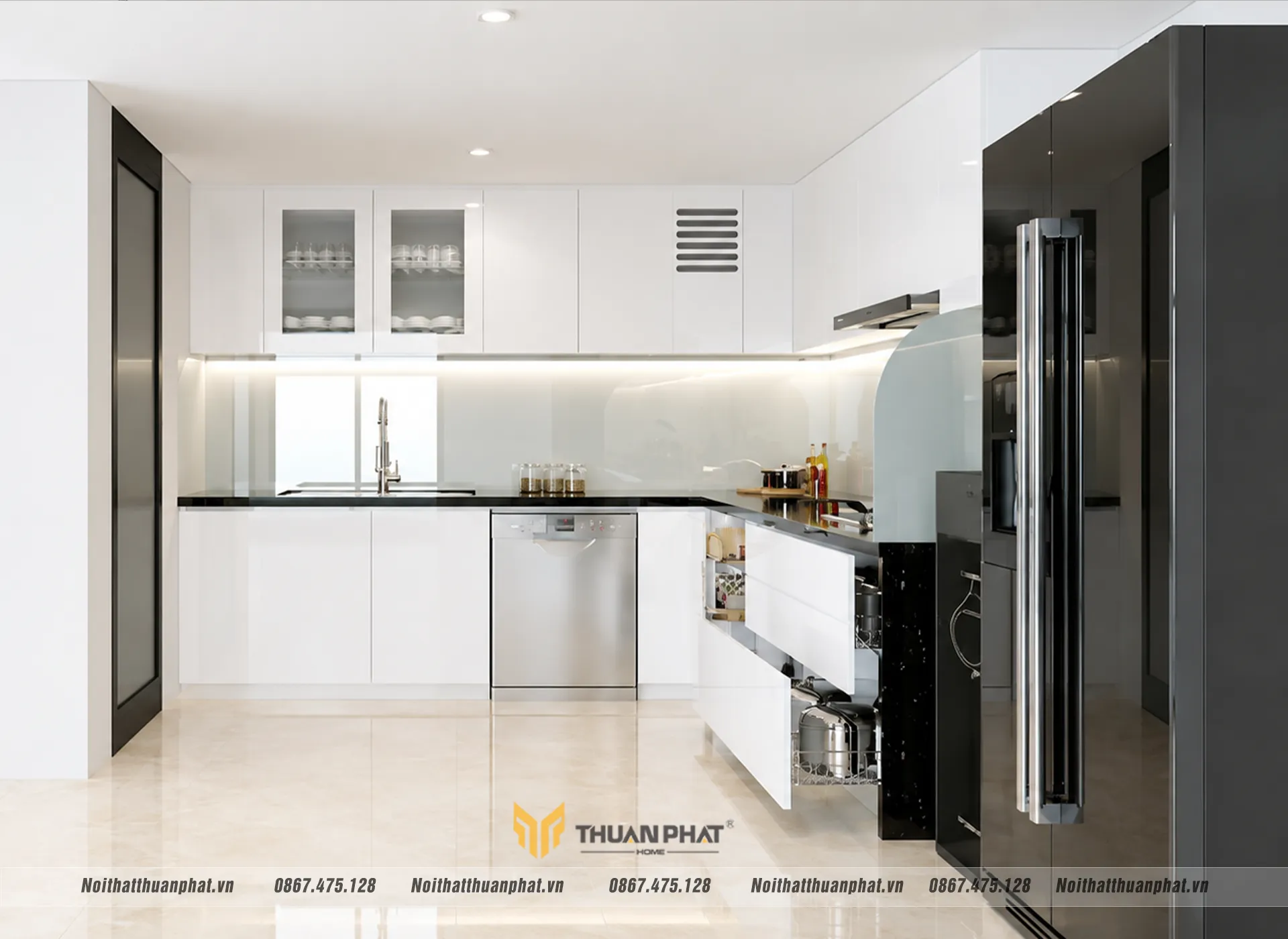 Mẫu tủ bếp nhựa Acrylic màu trắng sáng