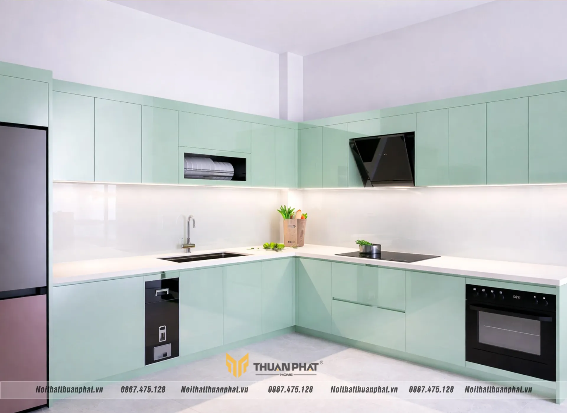 Tủ bếp cánh acrylic xanh mint tươi sáng