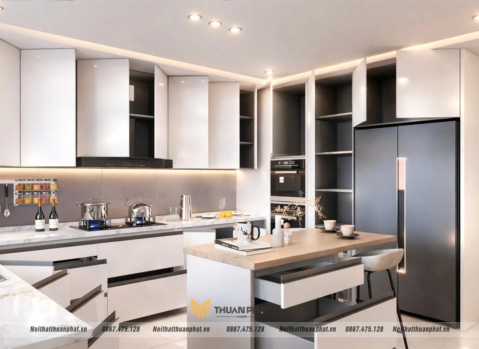 Tủ bếp inox cánh Laminate trắng sáng