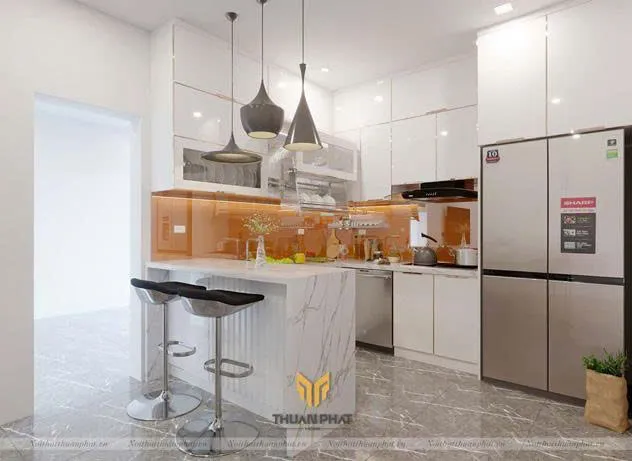 Mẫu tủ bếp inox cánh kính chữ L tối ưu không gian bếp