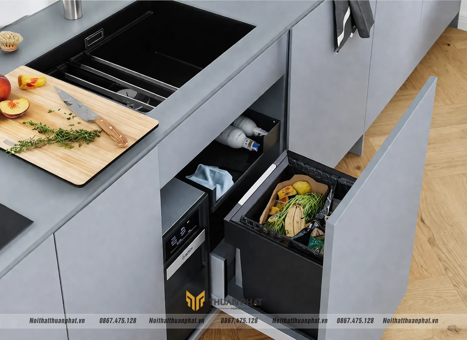 Nấu ăn dễ dàng khi có thùng rác âm tủ 