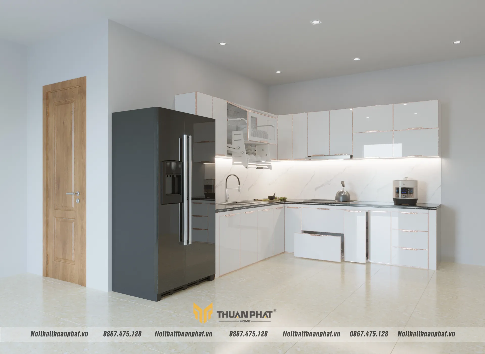 Bộ tủ bếp inox cánh kính nhà anh Quang