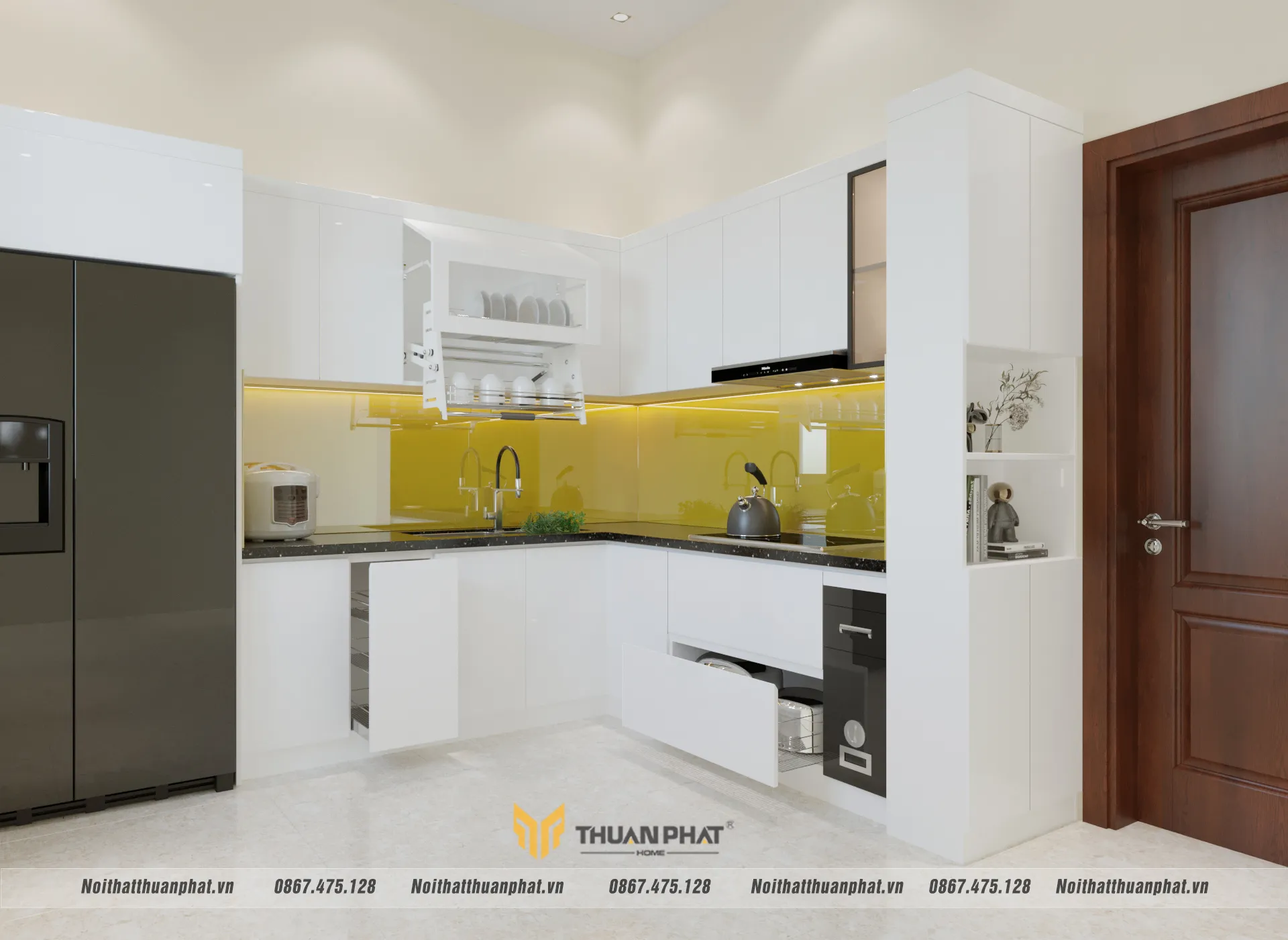 Bộ tủ bếp gỗ công nghiệp cánh Acrylic trắng sứ