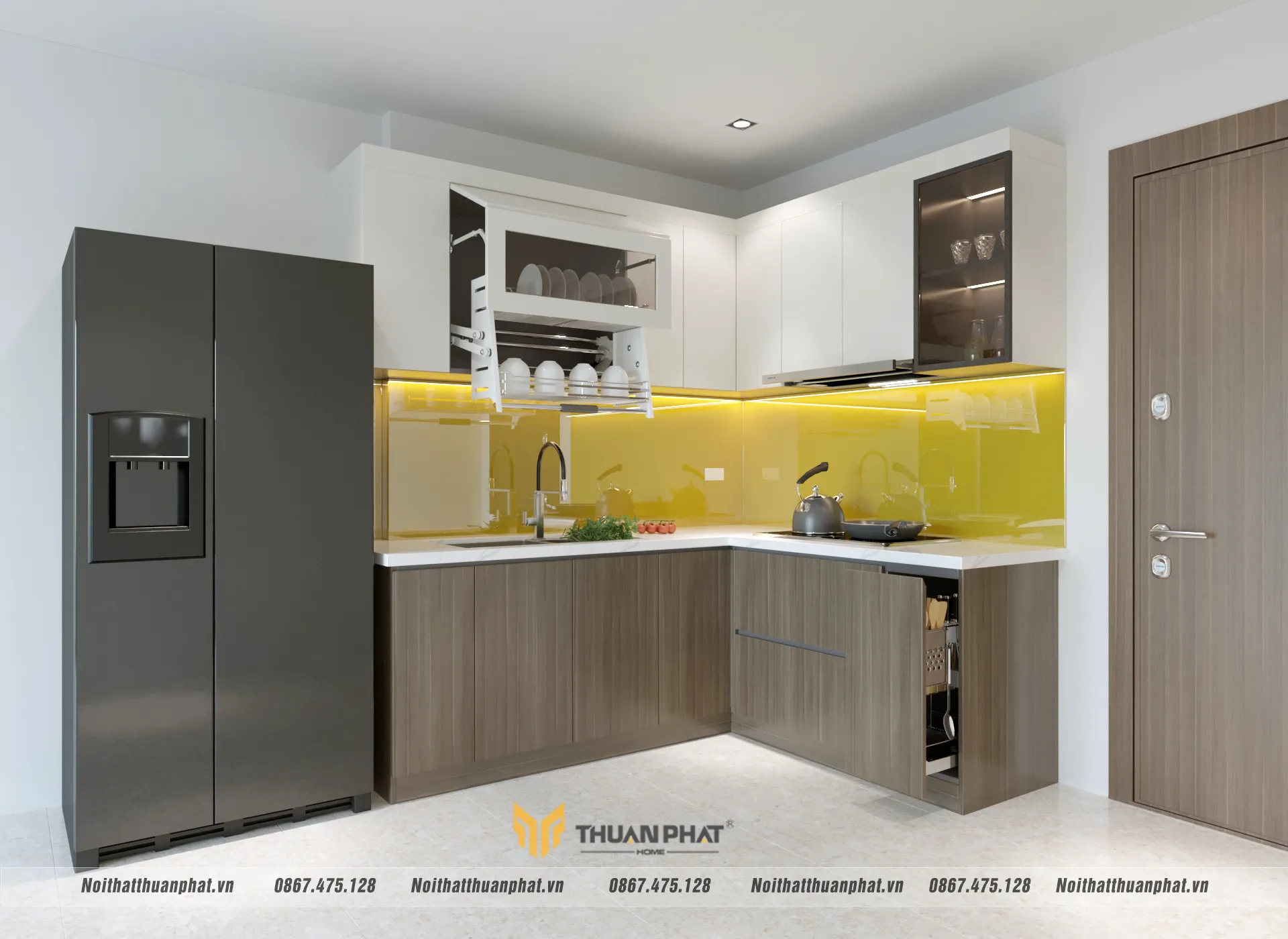 Cách phối tủ trên cánh acrylic và tủ dưới laminate