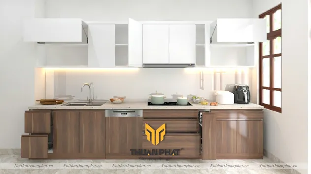 Mẫu tủ bếp nhựa Laminate kết hợp Acrylic hiện đại