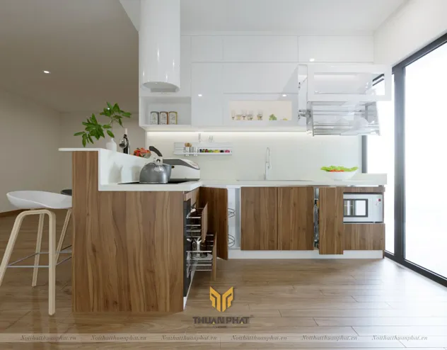 Tủ bếp Laminate kèm bàn quầy bar hiện đại