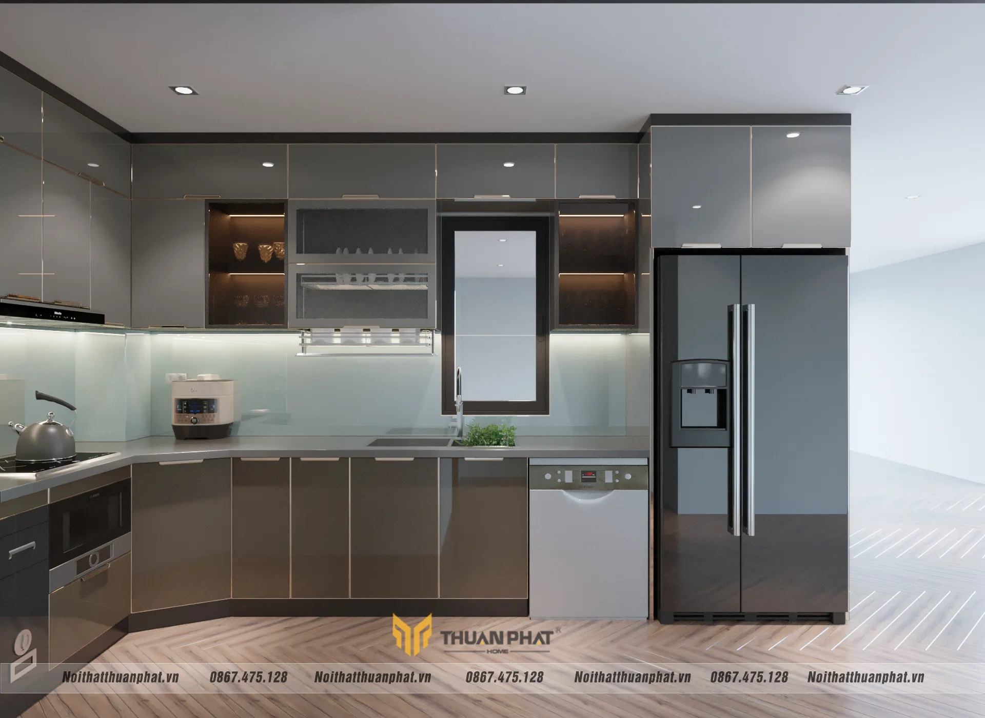 Tủ bếp inox cánh kính nhà anh Chiều