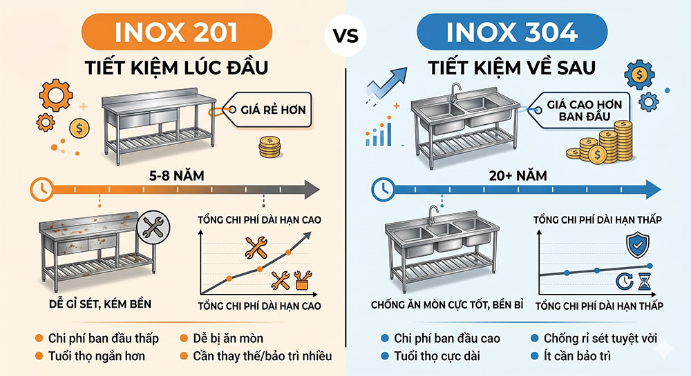 Nói thẳng: inox 201 tiết kiệm lúc đầu, inox 304 tiết kiệm về sau.