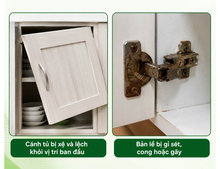 Cánh tủ bị lệch đóng không kín, rất nguy hiểm khi rơi