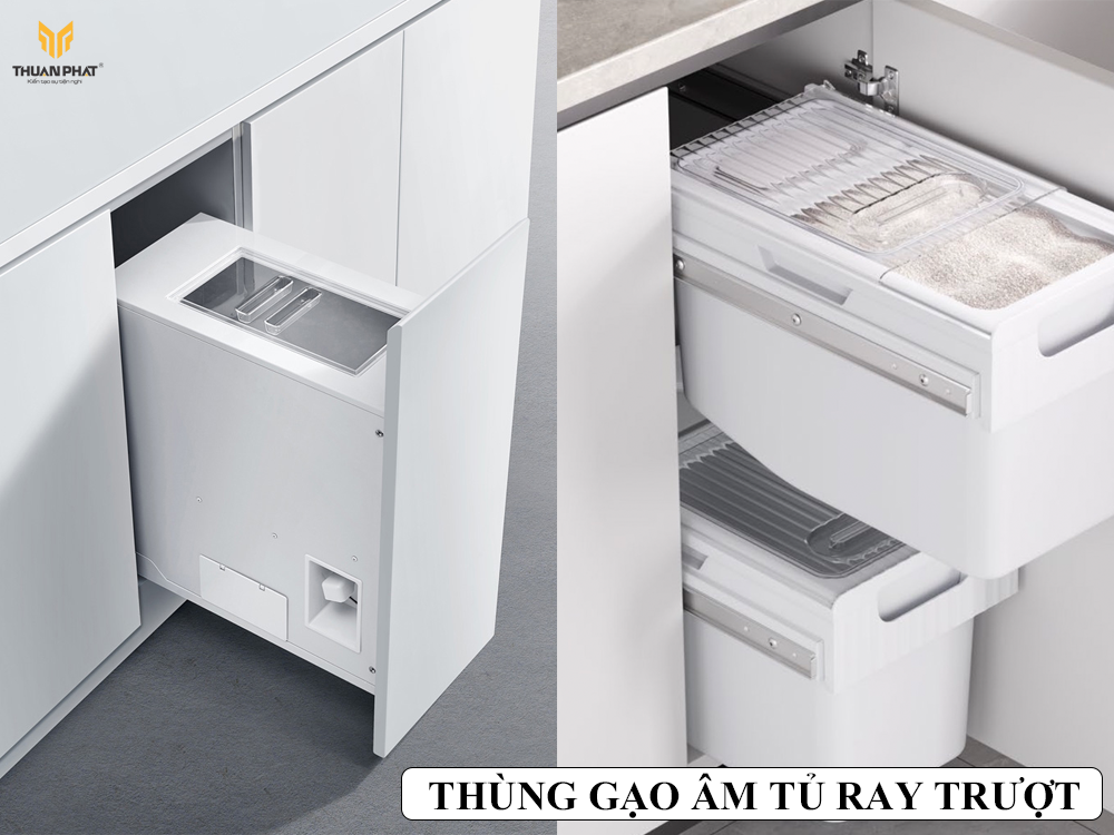Thùng Gạo Âm Tủ Ray Trượt Nhiều Ngăn