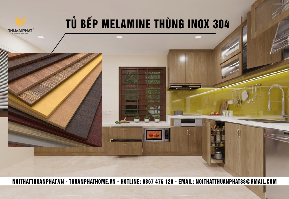 Tủ bếp Melaminee kết hợp thùng inox 304 chấn gấp CNC