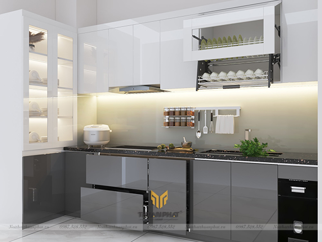 Mẫu tủ bếp giá rẻ cánh Acrylic phối màu hiện đại cho chung cư