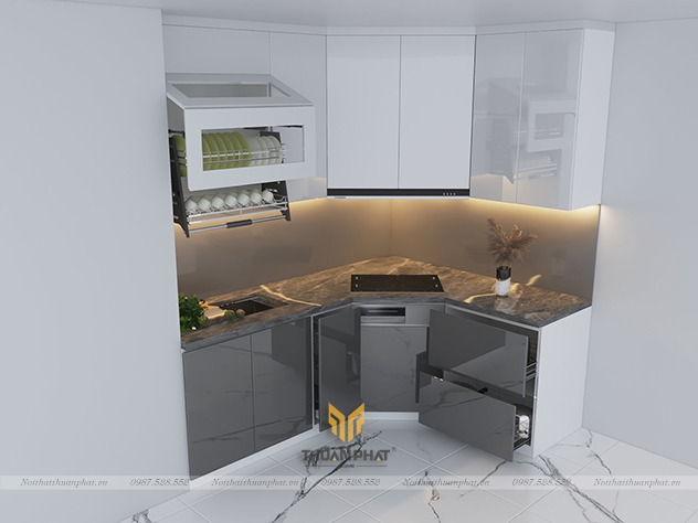 Mẫu tủ bếp Acrylic giá rẻ có khoang lưu trữ gọn cho gia đình trẻ