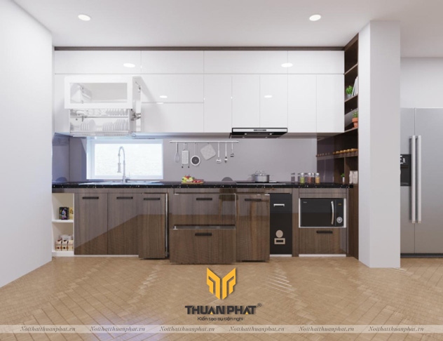Tủ bếp Acrylic vân gỗ AC88 màu trắng kết hợp vân gỗ