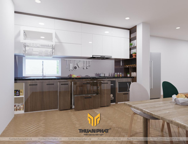 Tủ bếp Acrylic vân gỗ AC88 kết hợp tủ rượu trang trí