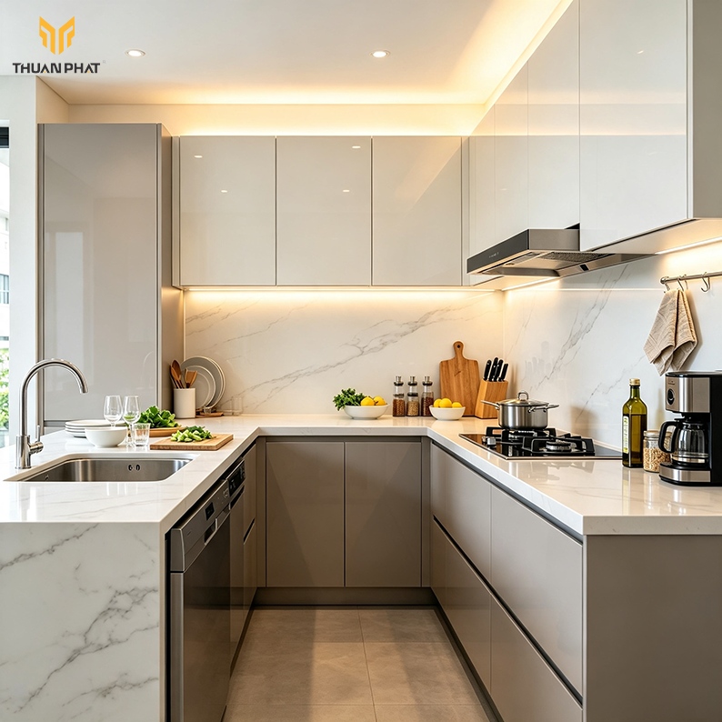 Phối màu tủ bếp hiện đại khu Lý Thái Tổ Hoàn Kiếm