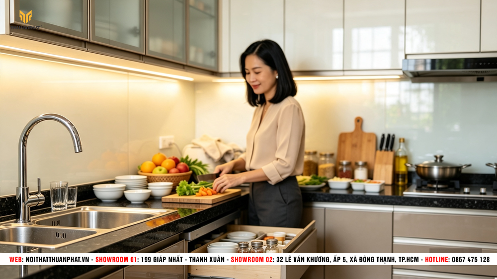 Mẫu tủ bếp chữ L nhà phố Hàng Bạc Hoàn Kiếm