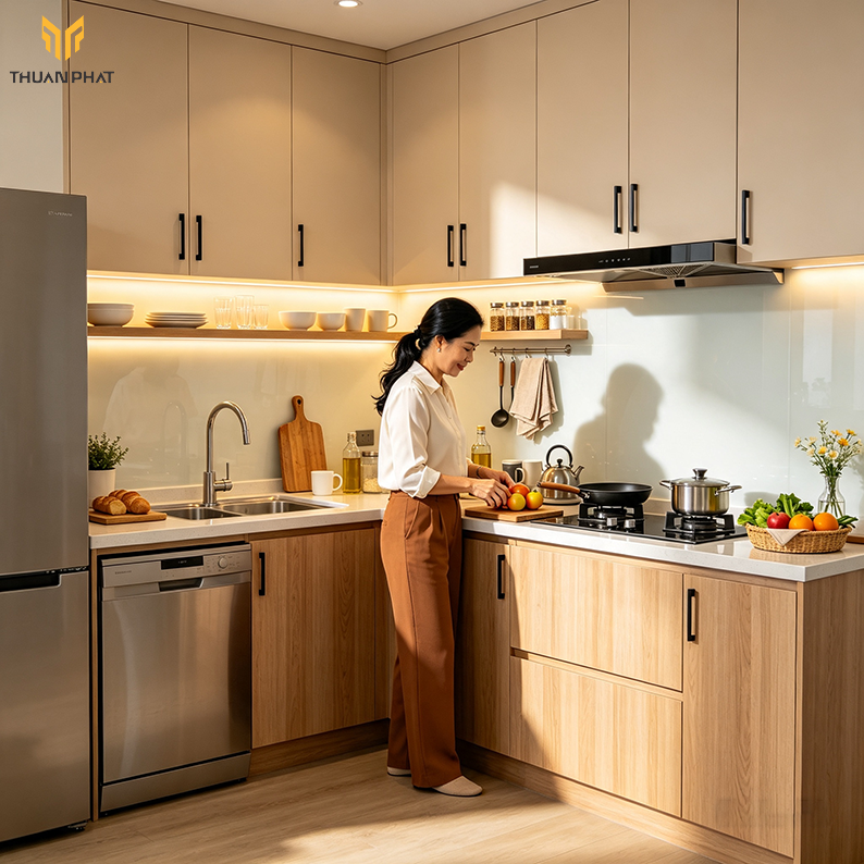 Mẫu tủ bếp Laminate vân gỗ khu Hàng Gai phường Hoàn Kiếm
