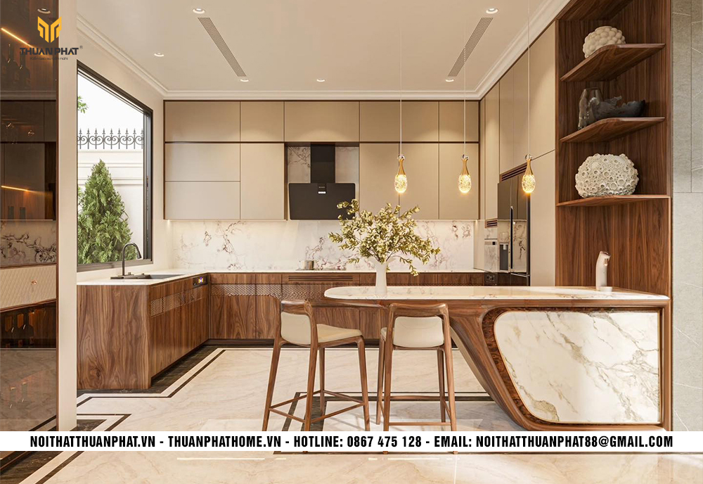 Tủ bếp chữ U có bàn đảo trung tâm cho không gian bếp rộng