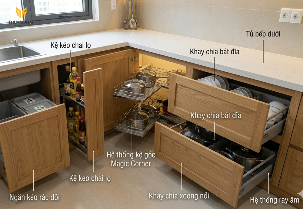 Phụ kiện tủ bếp dưới gồm giá xoong nồi, rổ gia vị, thùng gạo và thùng rác âm tủ