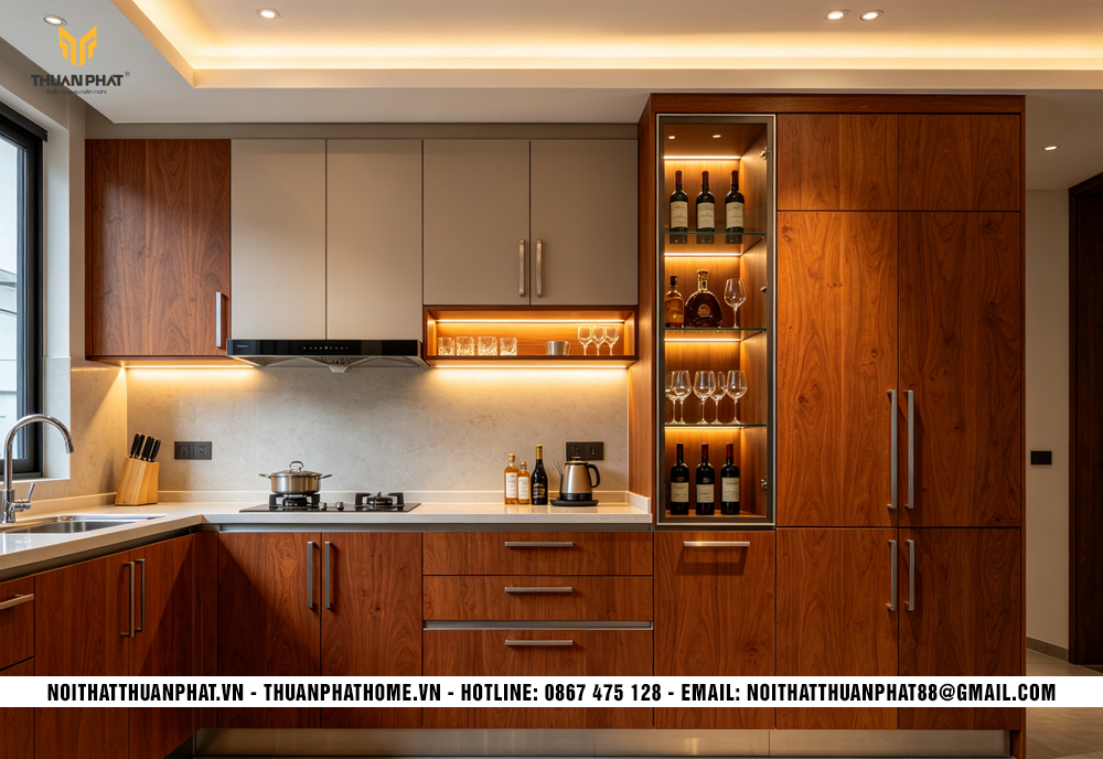 Tủ bếp gỗ Gõ Đỏ kết hợp tủ rượu
