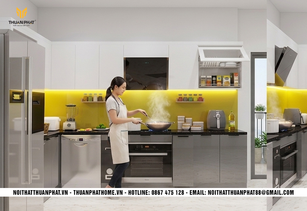 Thiết kế tủ bếp inox cánh kính kết hợp Acrylic hiện đại